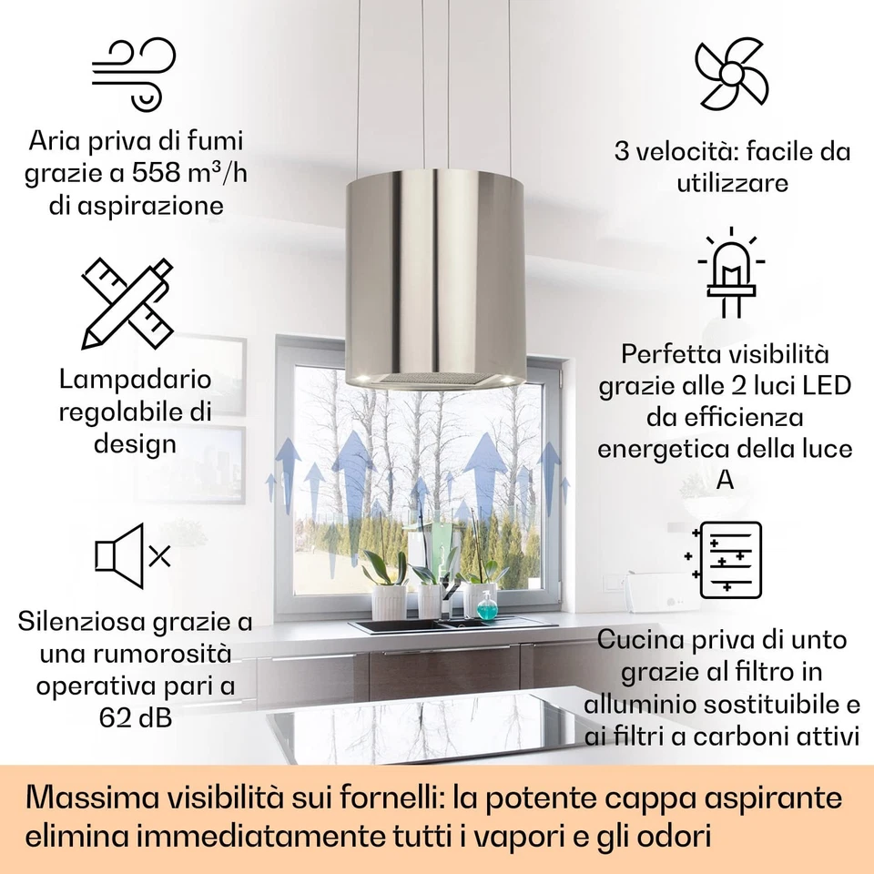 Cappa Sospesa Cucina con LED Flusso d Aria 558m³/h per Isola a Candelabro con - Immagine 2 di 4