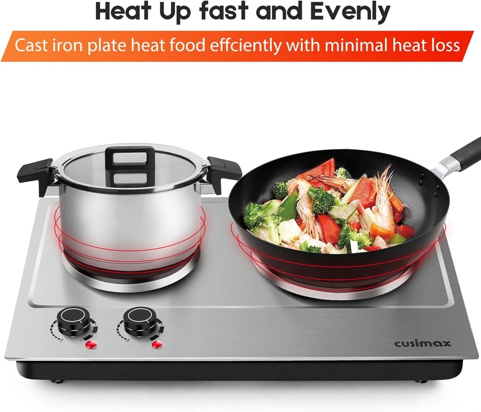 Estufa eléctrica de doble quemador CUSIMAX 1800W, estufa de mesa de acero inoxidable plateada Foto 2 de 3