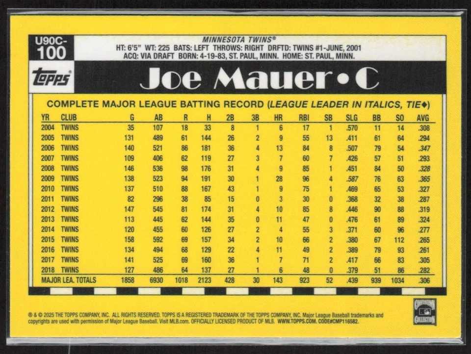 Paquete de plata 2025 Mojo Green Joe Mauer/99 Minnesota Twins #U90C-100 Foto 2 de 2