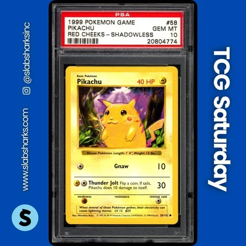 1999 POKEMON BASE SET SHADOWLESS #58/102 PIKACHU RED CHEEKS ERROR PSA 10