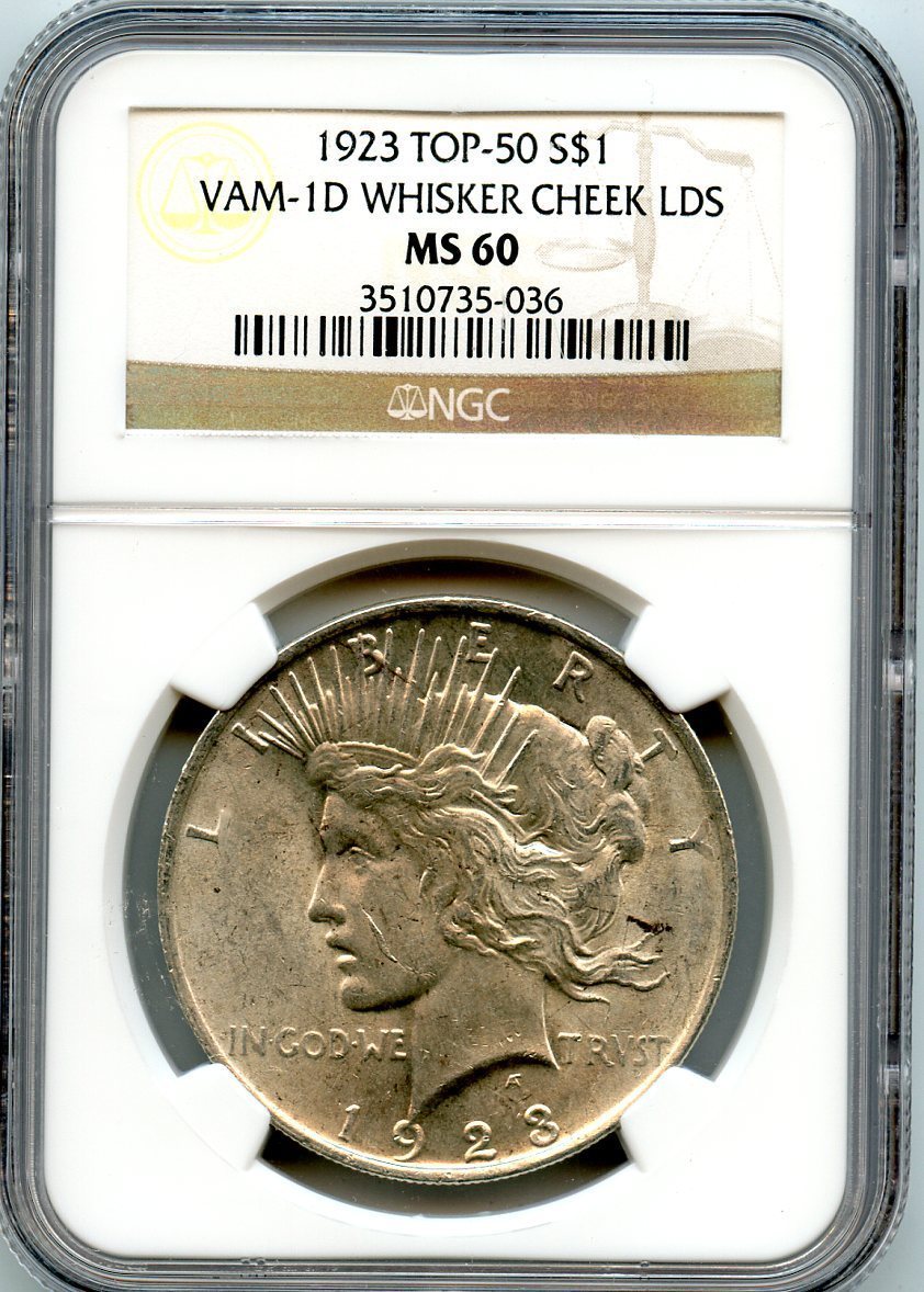 C5244- 1923 VAM-1D WHISKER CHEEK LDS TOP 50 PEACE DOLLAR NGC MS60