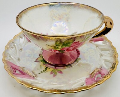 Vintage Japan Pink Rose Gold Iridescent Footed Cup & Open Saucer