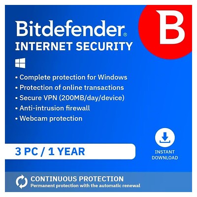 Bitdefender Internet Security 2026 200MB VPN 3 PC Devices 1 Year (EMAIL ...