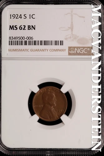 1924-S Lincoln Wheat Cent - NGC MS 62 BN - Scarce  No Reserve  #SLH86