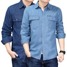 Mens Cotton Denim Long Sleeve Shirt with Flap Pocket Retro Casual Blouse Top