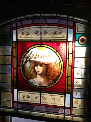 Antique Stained Glass Window Sun Solar Woman Flowing Blond Hair Hand Painted - Picture 7 of 22