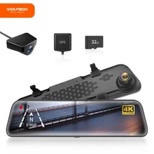WOLFBOX 4K 12" Mirror Dash Cam WDR Backup Camera 2160P Full HD Free SD