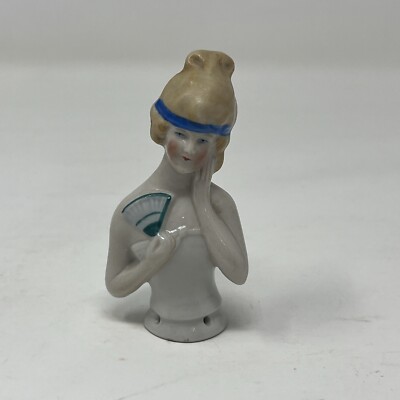 Antique German Porcelain Half Doll Lady Holding Fan