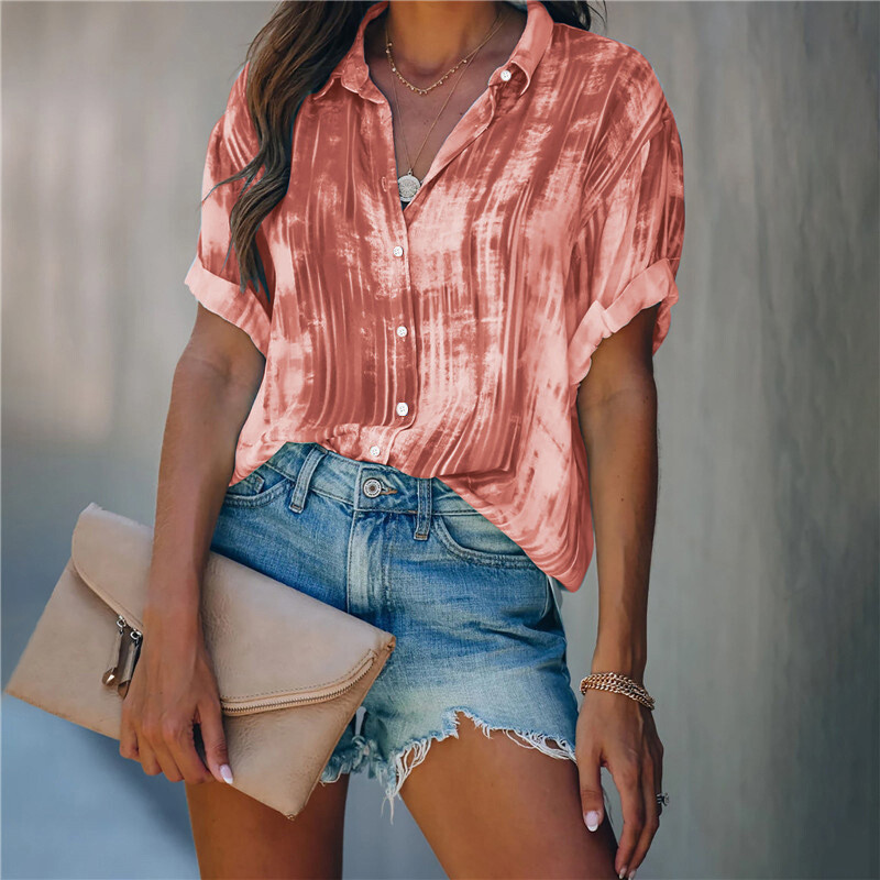 Women's Top Summer Halo Dye Design Printed Button Short Sleeved Chiffon Shirt