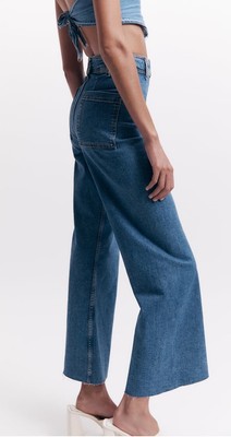 Zara The Marine Straight Jeans Solid Blue High Waist Unfinished Hem Womens  4 | eBay