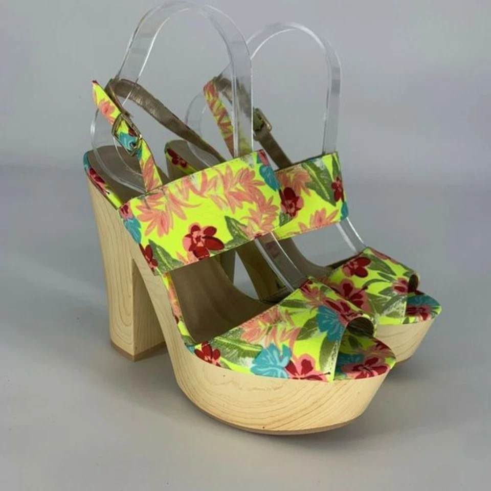 QUPID 露趾堵塞高跟鞋露趾鞋 7 码黄色花卉木质 — 第 3/4 张图片