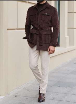 Vintage Brown Men's Safari Jacket with Belt Corduroy Outdoor