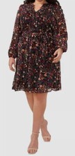 MSK Women's Black Printed Pintuck Button-Front Belted Dress Plus Size 22W