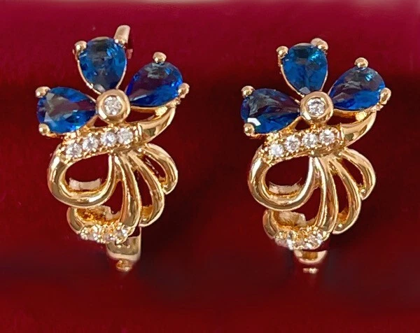 Luxus Ohrringe Creole Zirkon Kristall Blume Blau 750er Rolled Gold 18K vergoldet - Bild 3 von 4