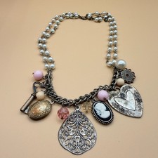 Faux Pearl Charm Necklace Vintage Cameo Key Heart Locket Gothic Statement Gift
