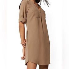 New York & Company Womens Tan Brown Tunic Dress 1/4 Zip Roll Tab Small (A7)