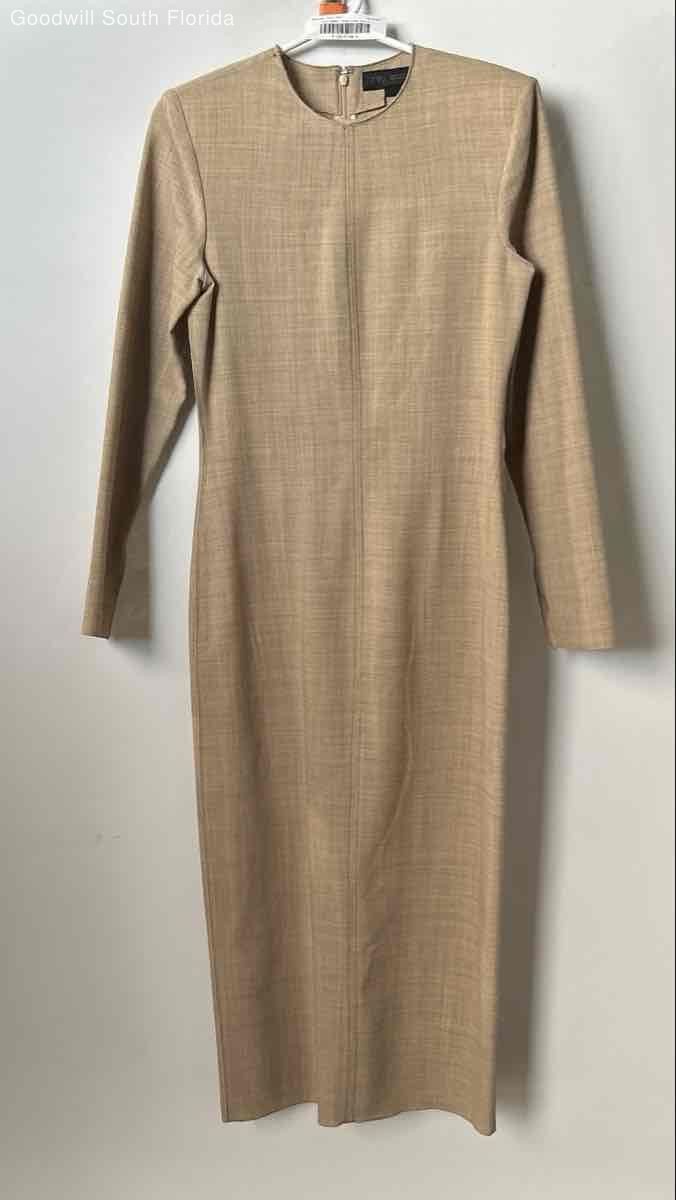 Zara Womens Brown Long Sleeve Crew Neck Back Zipper Midi Sheath Dress Size M