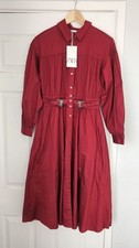 Zara Burgundy Red Shirt Dress Belted Elasticated Waist Midi Dress With Pockets