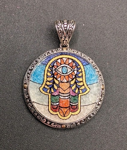 Samuel B Sterling Silver 18k Gold Bali Micro Mosaic Hamsa Evil Eye Round Pendant - Afbeelding 11 van 12