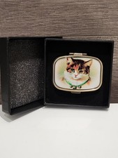 Cute Cat On Metal Rectangle Pill Case Trinket 2 Compartments With Original Box