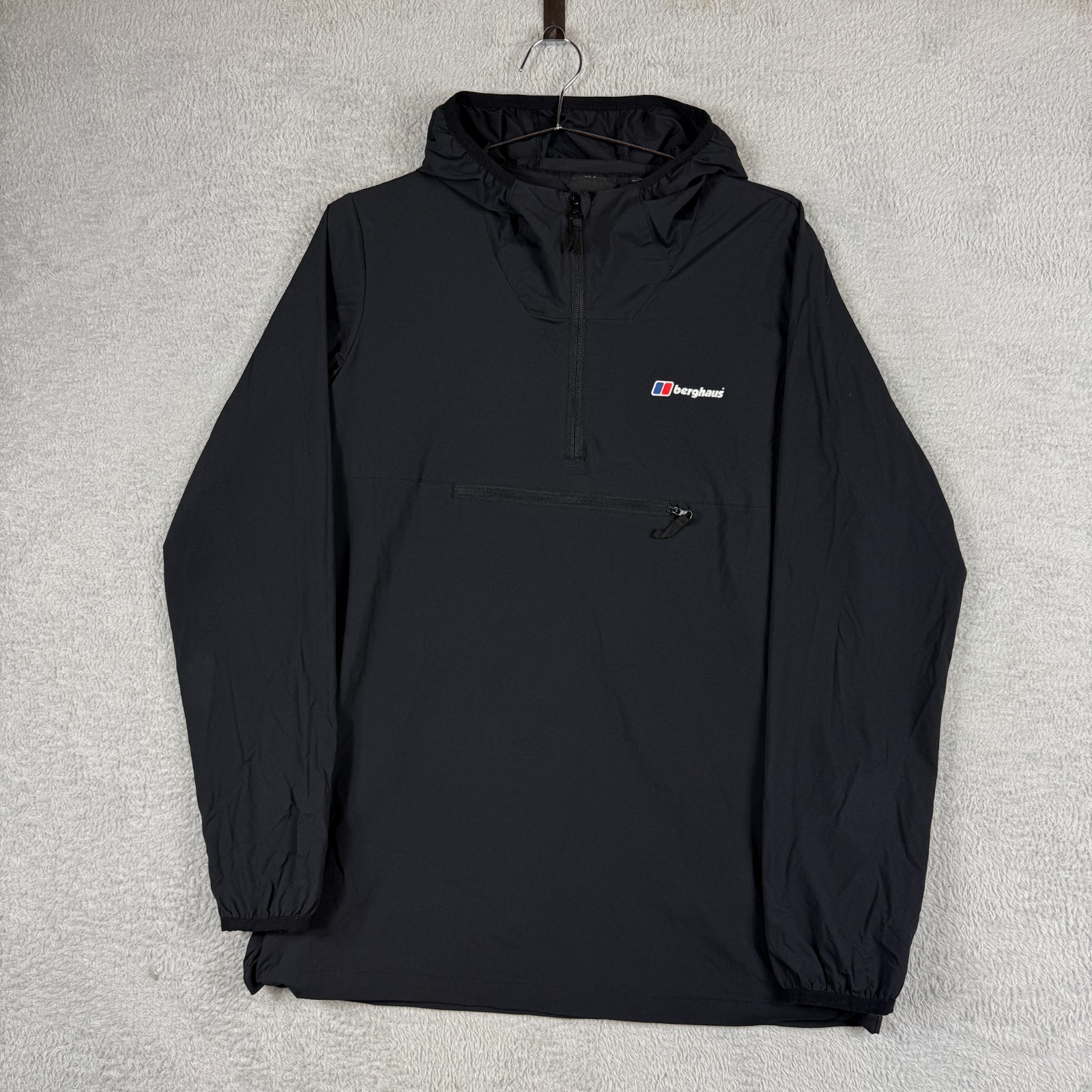 Vintage Berghaus Black Boys Age 14-15 Years Quarter Zip Hooded Windbreaker