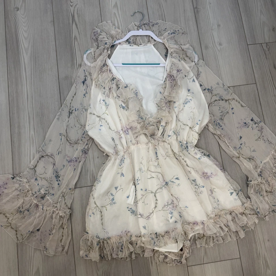 ZIMMERMANN Paradiso 荷叶边花卉印花丝绸连身裤奶油色花卉 — 第 2/4 张图片