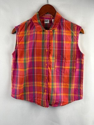 Basic Essentials Womens Sleeveless Button-Up Plaid Shirt Size S  Vibr