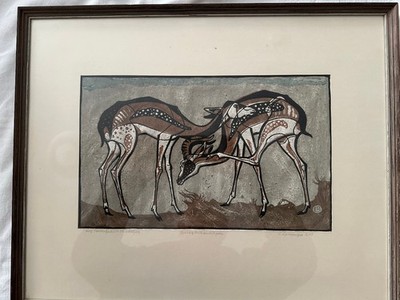 Original Farbholzschnitt Springbockantilopen Rudolf Lanzinger Südtirol AltoAdige