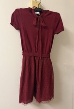 RED VALENTINO KNIT LACE DRESS BURGUNDY W. LACE SCARF AT COLLAR XS