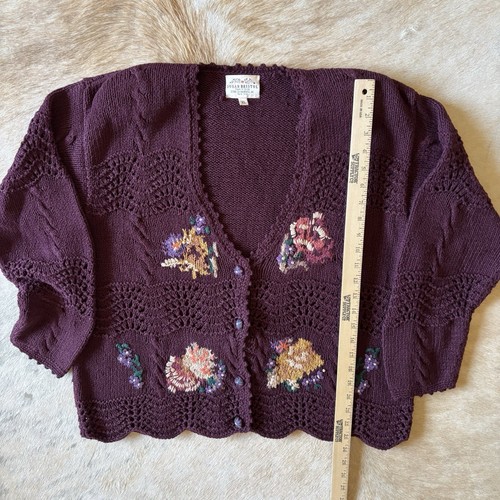 Vtg Susan Bristol Sweater Cardigan XL Purple Floral Hand Knit Garden Cottage 90s - Picture 17 of 20