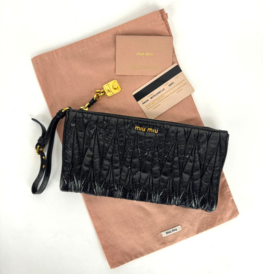 Miu Miu Prada Auth Matelasse Clutch Bag Black Ruched Leather Wallet Wristlet Zip
