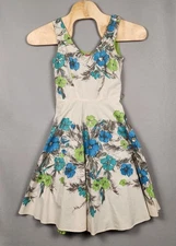 Yoana Baraschi Dress Womens 2 White Blue Green Floral Fit & Flare Sequin Lined