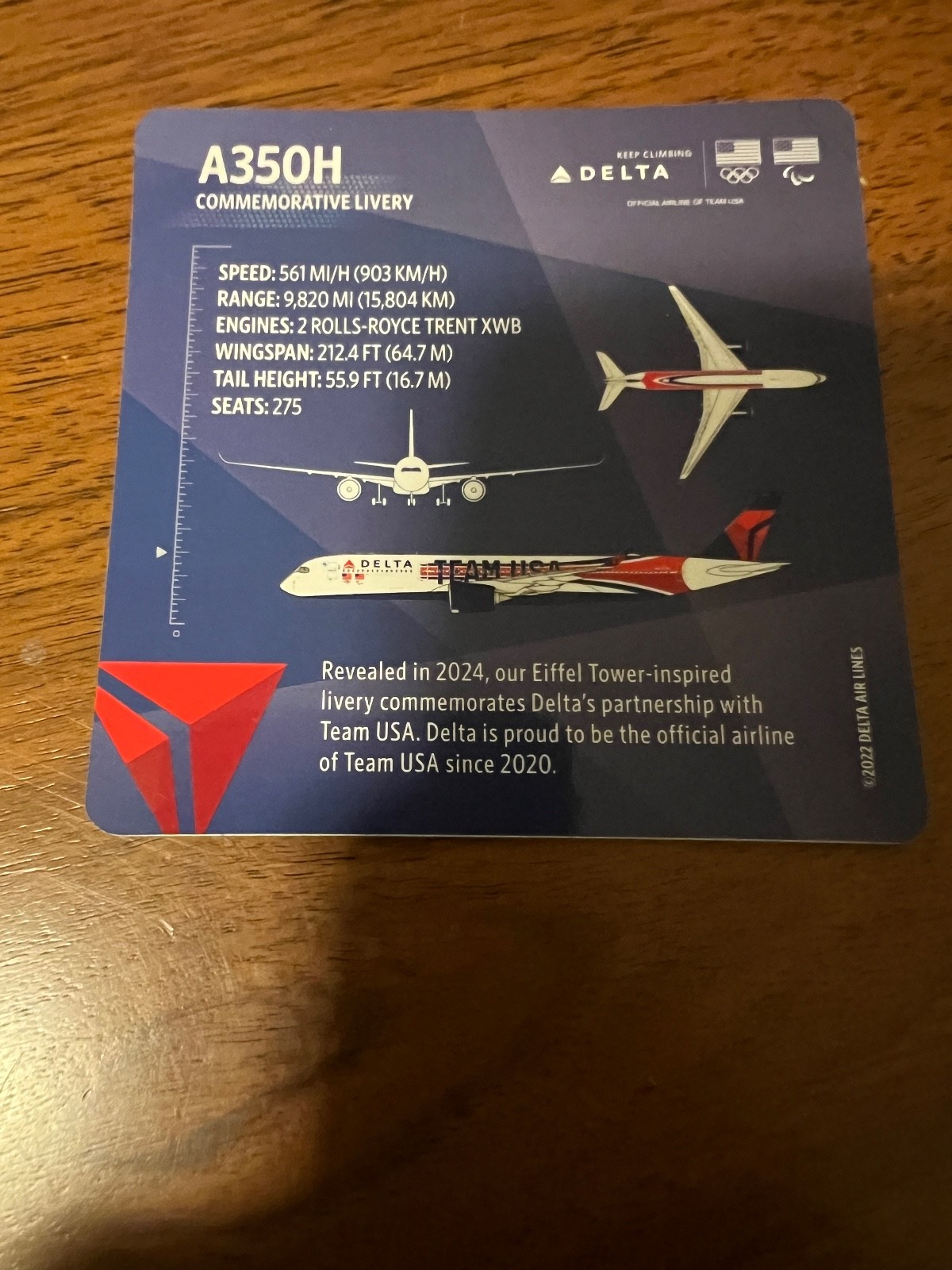 Delta Air Lines Team USA A350H - Paris - Pilot Trading Card 63 Rare