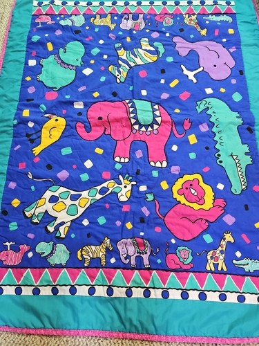Vintage 90's Vibrant Bright Colored Baby Quilt 47"×37" Circus Animals So Cute! - Picture 2 of 4