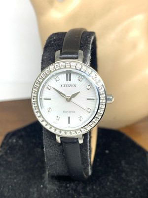 Citizen Women's Watch EM0860-51D Eco Drive Mother of Pearl Dial Black Leather
