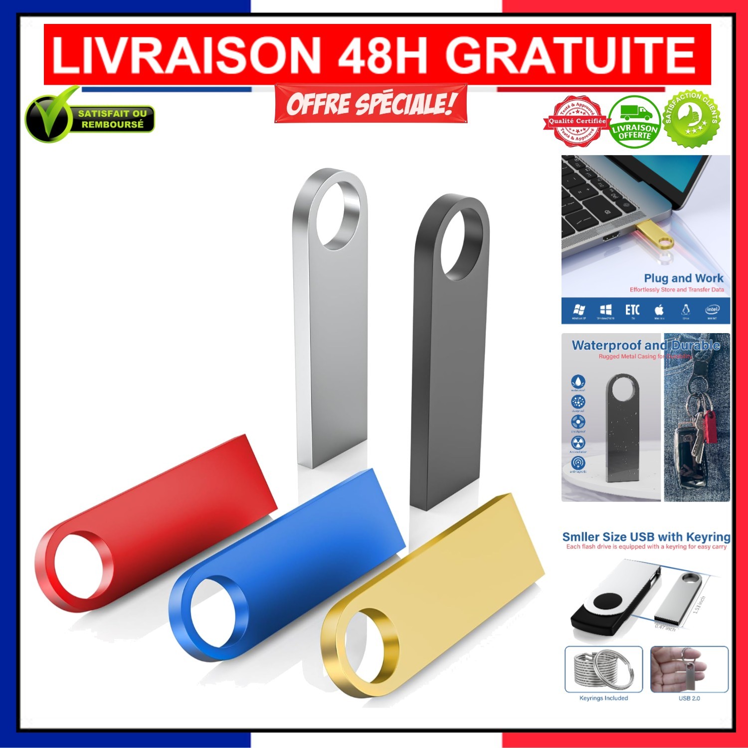 Clé USB 2 Go fiable et robuste lot de 5 clés métalliques vitesse de transfert stable USB 2.0