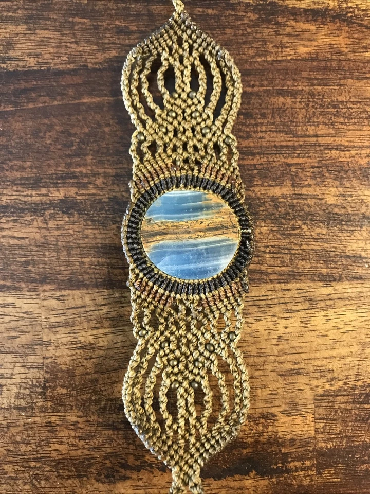 Brazalete Macramé Azul Ónix Calcita Cristal Piedras Preciosas Boho Foto 4 de 4