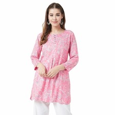 Indian Women Pink  White Floral Printed Kurta Kurti Top Tunic Style XS To 8-XL