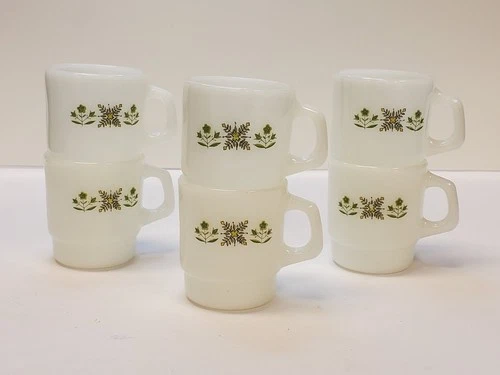 Set Of 6 Vintage Anchor Hawking Meadow Green Fire King Stackable Coffee Cup Mugs