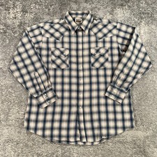 Vintage Ely Cattleman Western Shirt Mens XL Beige Blue Plaid Pearl Snap Cowboy