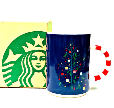 2018 Starbucks Coffee Mug Blue Cup Christmas Holiday Tree Candy Cane Handle