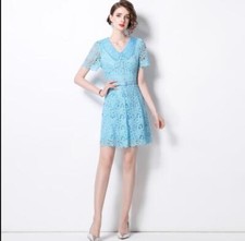 Women's 2024 Fashion Guipure Lace Doll Collar Belt Short Sleeves Short Dress 