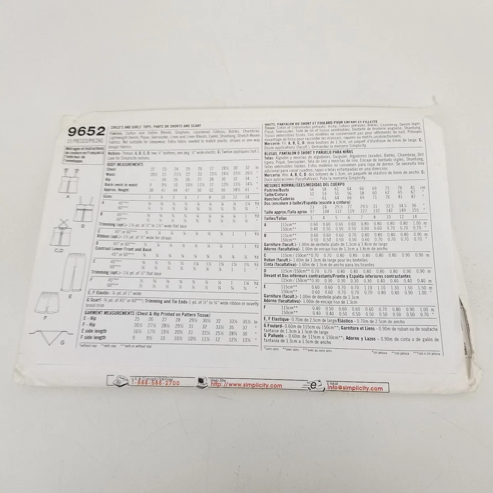 Simplicity 9652 Girls Tops, Pants Shorts & Scarf Sizes 3-6 Pattern Summer Outfit - Image 3 of 4