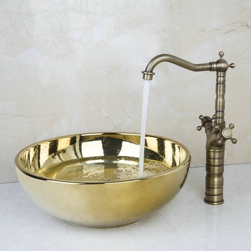 Grifo de latón antiguo fregadero de cerámica acabado en oro para baño con lavabo - Imagen 2 de 7