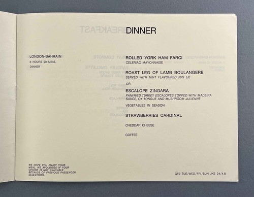 QANTAS VINTAGE AIRLINE MENU LONDON - BAHRAIN - SINGAPORE - SYDNEY ERIC MINCHIN - Picture 2 of 3
