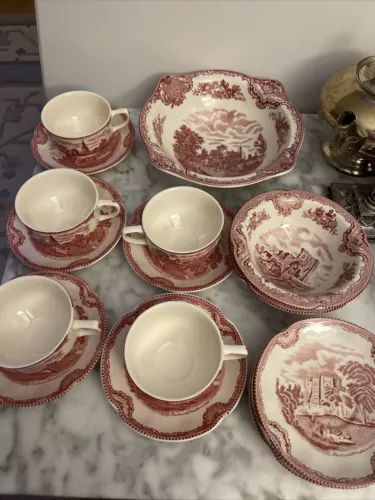 Vintage Johnson Bros England PINK Old Britain Castles Cup & Saucer Set Of 17 p