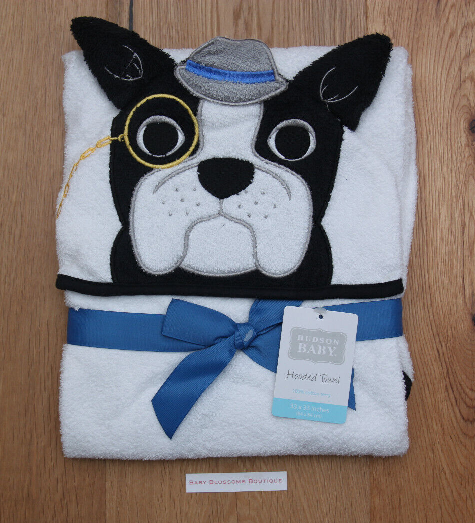 Hudson Baby Cotton Terry Hooded Towel White, Black, Gray Blue Terrier  ~Dog