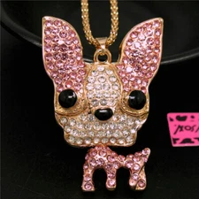 Fashion Women Pink Rhinestone Lovely Big Ear Puppy Dog Pendant Chain Necklace