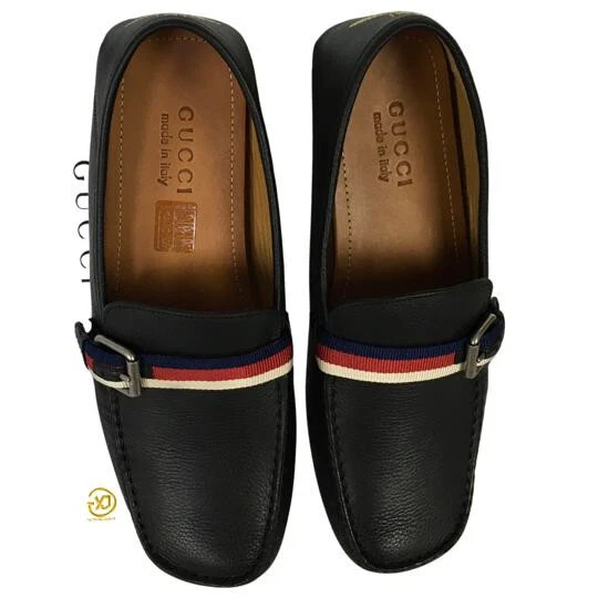 Chaussures mocassins homme Gucci cuir toile rayures abeilles couleur noir pointure 7