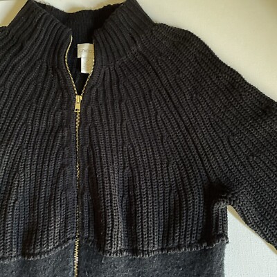 Chico s Black Wool Blend Gold Full  Zip 3/4 Sleeve Cardigan Sweater Womens 2 (L)